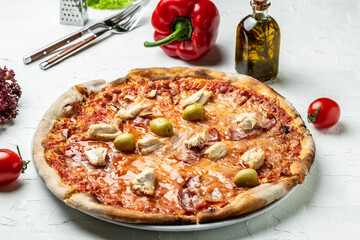 Traditional Italian pizza, vegetables, ingredients. Pizza is cooking in the oven. Pizza menu on a...