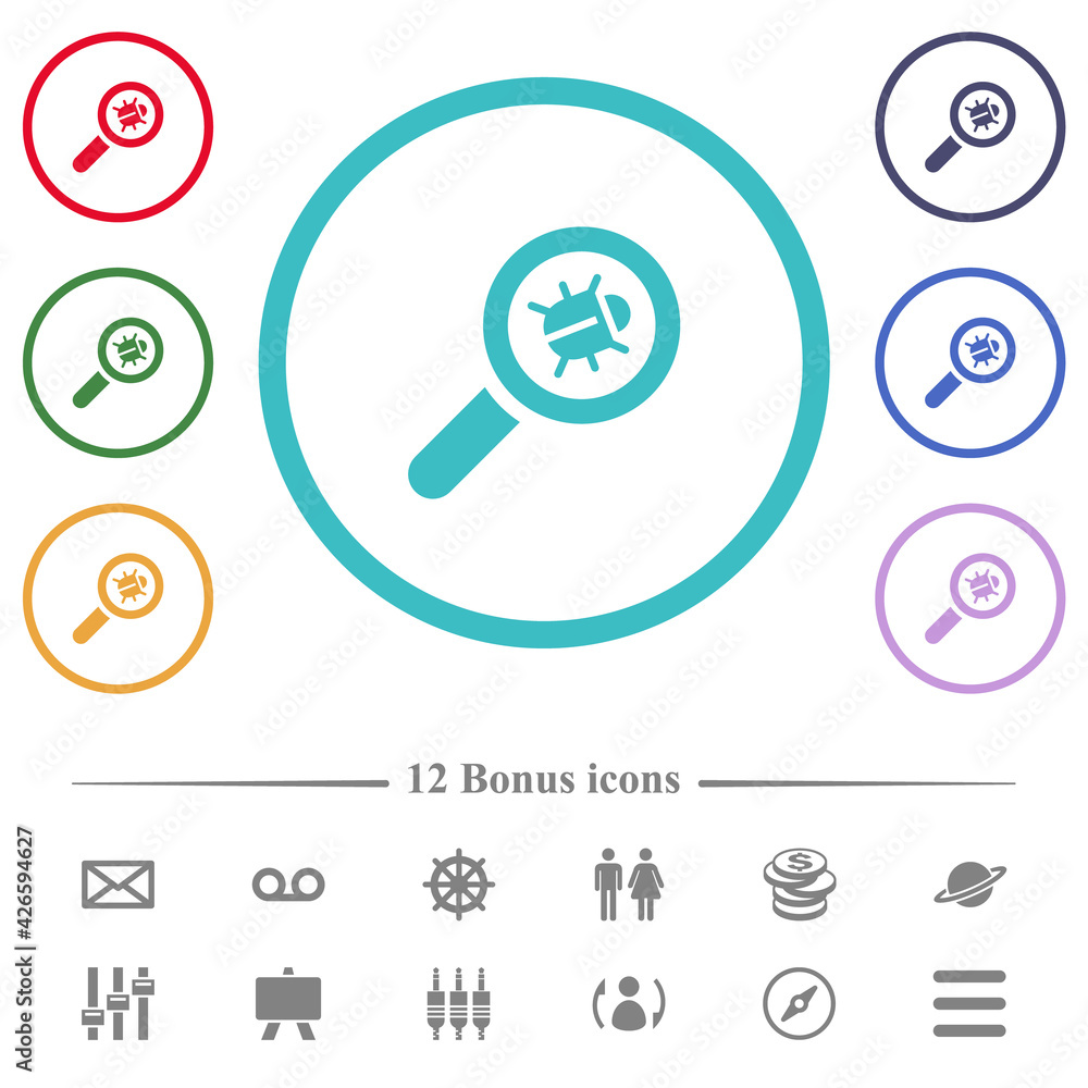 Poster bug tracking flat color icons in circle shape outlines