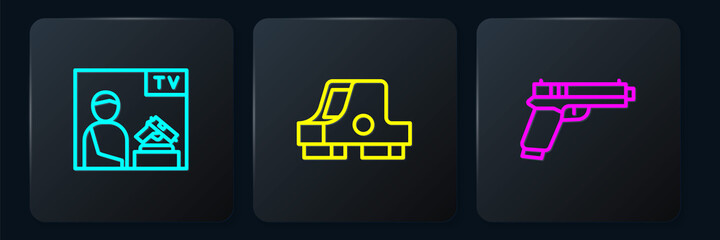 Set line Advertising weapon, Pistol or gun and Collimator sight. Black square button. Vector