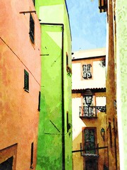 A glimpse of the traditional colorful buildings in a small town near the sea