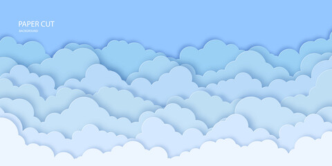 3d clouds on blue sky background in paper cut style.