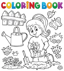Foto op Plexiglas Voor kinderen Kleurboek meisje tuinman thema set 1