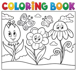 Wall murals For kids Coloring book happy cartoon flowers image 1