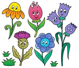 Photo sur Plexiglas Pour enfants Ensemble de fleurs de dessin animé heureux 1