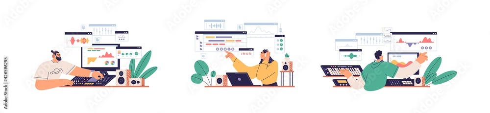 Poster Sound designers and audio engineers mixing, creating and recording music at workplaces with computers, professional equipment and software. Colored flat graphic vector illustration isolated on white