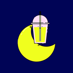 Cute soft drink on crescent moon Illustration. modern simple vector icon, flat graphic symbol in trendy flat design style. wallpaper. lockscreen. pattern. frame, background, backdrop, sign, logo.