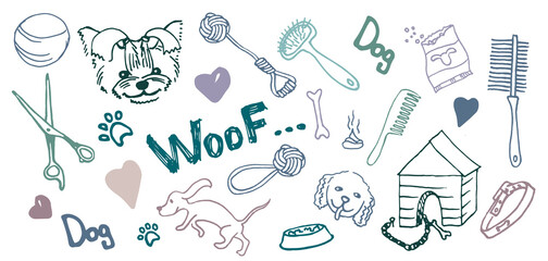 Funny dog doodles on the theme of grooming and grooming. Scandinavian illustration with dogs, paws, bone, dog collar, doghouse, dog bowl on a white background. Ideal for wallpaper, packaging, textiles