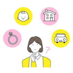 ライフプランで悩む若い女性のイラスト