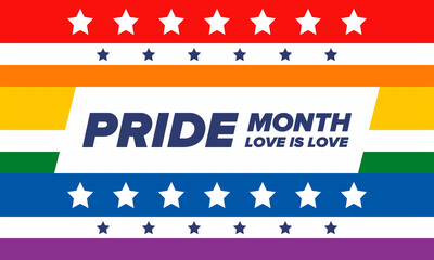 LGBTQIA Pride Month in June. Lesbian Gay Bisexual Transgender. Celebrated annual. LGBT flag. Rainbow love concept. Human rights and tolerance. Poster, card, banner and background. Vector illustration