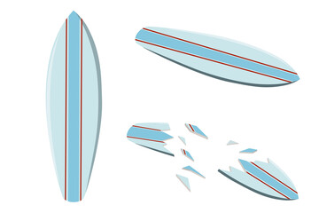Vector illustration of a colored surfboard. Surfboard crashed. Marine extreme sport. Isolated illustration on a white background