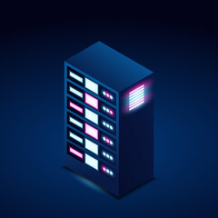 server isometric with glowing neon colors, vector illustration