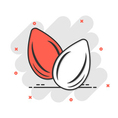 Almond icon in comic style. Bean vector cartoon illustration on white isolated background. Nut business concept splash effect.