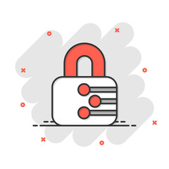 Cyber security icon in comic style. Padlock locked vector cartoon illustration on white isolated background. Closed password business concept splash effect.