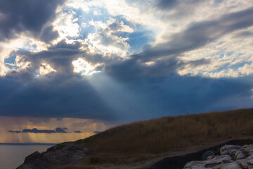 grass hill slope in light of sparkle sun