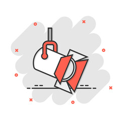 Spotlight icon in comic style. Lamp vector cartoon illustration on white isolated background. Flashlight business concept splash effect.
