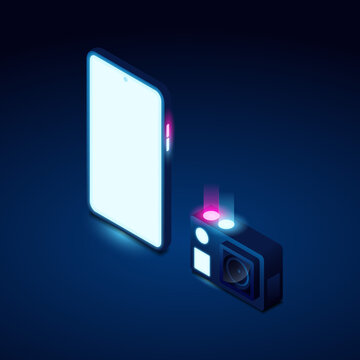 action camera and smart phone isometric view vector illustration with glowing neon colors and dark background