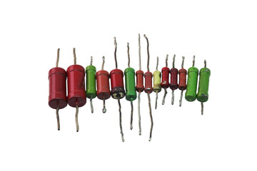 resistors row: color-coded metal-film resistors with long leads for through hole mounting. isolated...