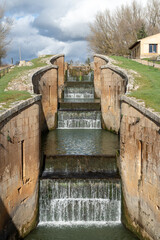 Set of locks of the hydraulic infrastructure of Castilla canal in Palencia, Castilla León, Spain.