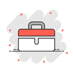 Briefcase sign icon in comic style. Suitcase vector cartoon illustration on white isolated background. Baggage business concept splash effect.