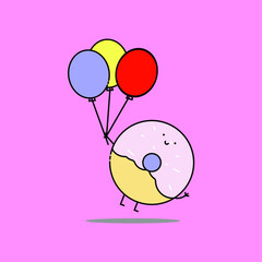 Obraz na płótnie Canvas Cute donut fly with balloon Illustration. modern simple vector icon, flat graphic symbol in trendy flat design style. wallpaper. lockscreen. pattern. frame, background, backdrop, sign, logo.