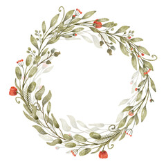 Watercolor floral wreath. Hand painted illustration of branches with leaves and poppy flowers. Red and green colors. Great for greeting cards, wedding invitation.