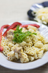 Macaroni and cheese, on the kitchen table