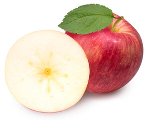 Fresh Apple with leaf on white background, San Fuji Apple isolated on white background. With clipping path.
