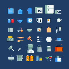 kitchen utensils icons set, cartoon flat style vector isolated illustrations.