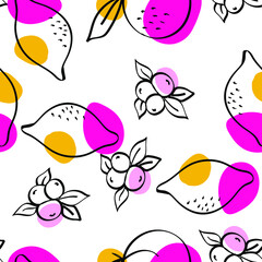 Blue and Orange Citrus and Blueberry Vector White Seamless Pattern. Drawing Apple and Peach Background. Color Lemon Line Design.