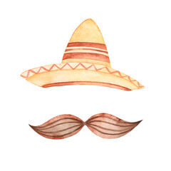 Watercolor hand drawing sombrero hat and mustache isolated on white background. Mexican holiday. Cinco de mayo.