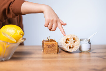 Ecological natural cleaning tools and products, zero waste cleaning concept. Plastic-free detergent concept