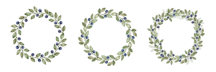Set of watercolor blueberry wreaths isolated on white background. For holiday cards, wedding invitations.
