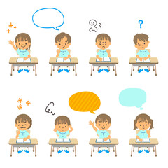 机に座る生徒たちの表情イラストバリエーション 吹き出し付き ベクターイラスト