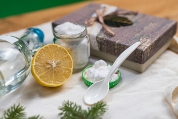 Non-Toxic Cleaning Products. Jar with baking soda and lemon.