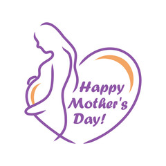 Happy Mother's Day card with silhouette of happy pregnant woman combined with a heart sign. Vector