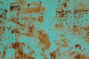 textured metal sheet with peeling blue, turquoise paint, metal corrosion