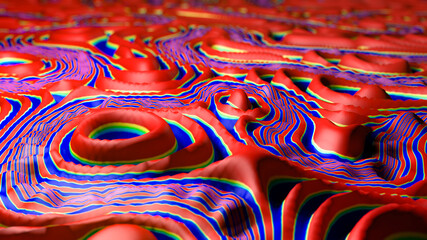 3d rendering of a psychedelic background of concentric shapes of irregular colors and with relief surrounded by distorted lines on a very colorful irregular background and out of focus.