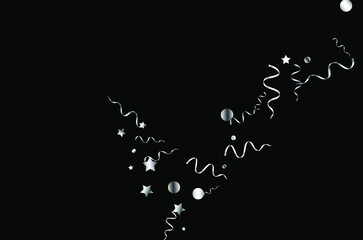 Silver Star Swirl Vector Black Background. Happy Confetti Illustration. Spiral Carnival Plant. Silver Abstract Branch.