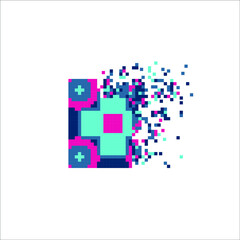 Pixel art tile disintegration into pixels, illustration for graphic design