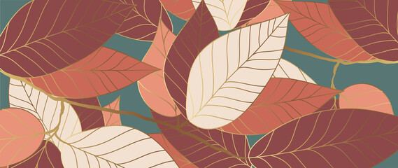 Tropical leaves background vector with golden line art texture.  Luxury wallpaper design for prints, poster, cover, invitation, packaging design background, wall art and home decoration.