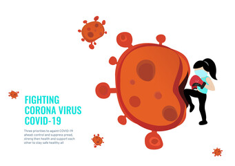 A powerful girl wear medical mask jump kick and knee hit Corona virus ball Covid-19 era vector