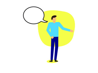 Happy young man talking and explaining something with speech bubble.