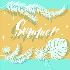 Vector flat design illustration : blue sea, warm beige sand, big tropical palm leaves , lettering "summer", stars.  Elements for card, poster, invitation, flyer.