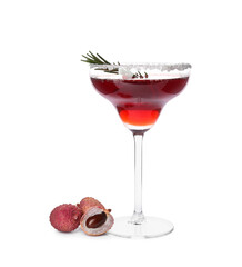 Lychee cocktail with rosemary near fresh fruits on white background