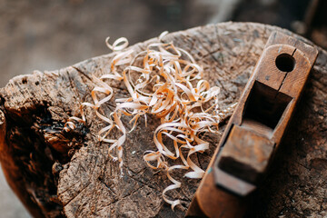 Old wooden jack plane with curly shavings. Wood shavings on old stump. Fresh curly sawdust. Wooden...