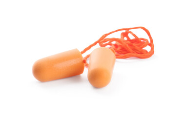Pair of orange ear plugs isolated on white