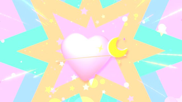 Looped heart shaped planet with yellow crescent moon, stars, and magic light streaks effect animation.