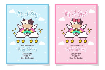 Cute Baby Shower Boy And Girl Invitation Card With Cow, Cloud, Rainbow, And Stars