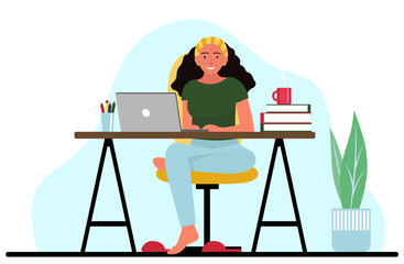 Vector illustration. The girl is studying at home at the computer. University, home schooling, entrance exams. Flat.