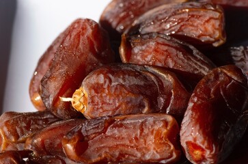 Close up of Khalas dates fruit from Saudi Arabia ready for ramadan
